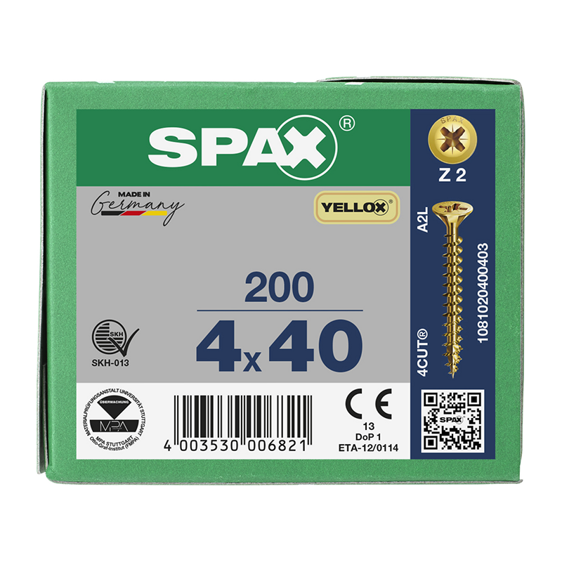 Spax YELLOX Pozi Z2 Universal Countersunk Screws 4mm x 40mm (200 Pack)