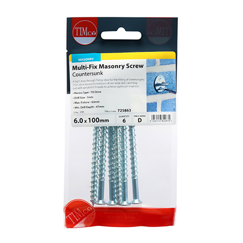 Masonry Screws - TX - Countersunk - Zinc - 6mm x 100mm (6 Pack)