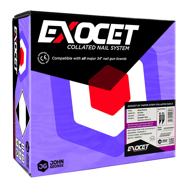 Exocet 2.8 x 51mm Gun Nails Electro Galvanised Angled (3300 Pack + 3 Fuel Cells)
