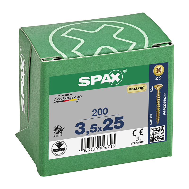 Spax YELLOX Pozi Z2 Universal Countersunk Screws 3.5mm x 25mm (200 Pack)