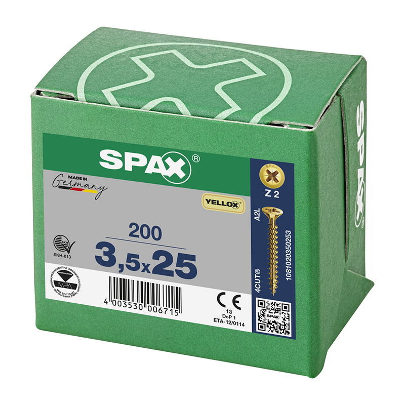 Spax YELLOX Pozi Z2 Universal Countersunk Screws 3.5mm x 25mm (200 Pack)