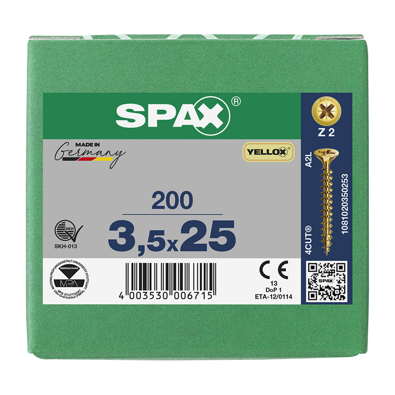 Spax YELLOX Pozi Z2 Universal Countersunk Screws 3.5mm x 25mm (200 Pack)
