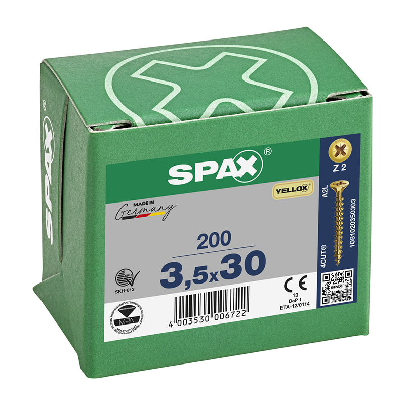 Spax YELLOX Pozi Z2 Universal Countersunk Screws 3.5mm x 30mm (200 Pack)