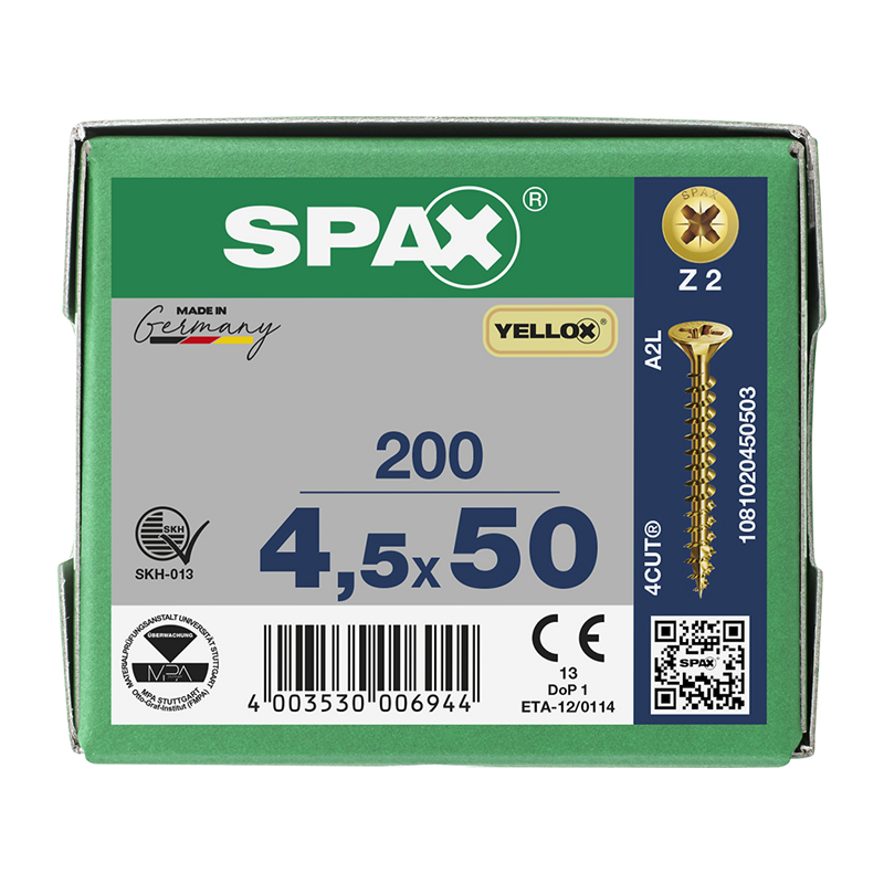 Spax YELLOX Pozi Z2 Universal Countersunk Screws 4.5mm x 50mm (200 Pack)