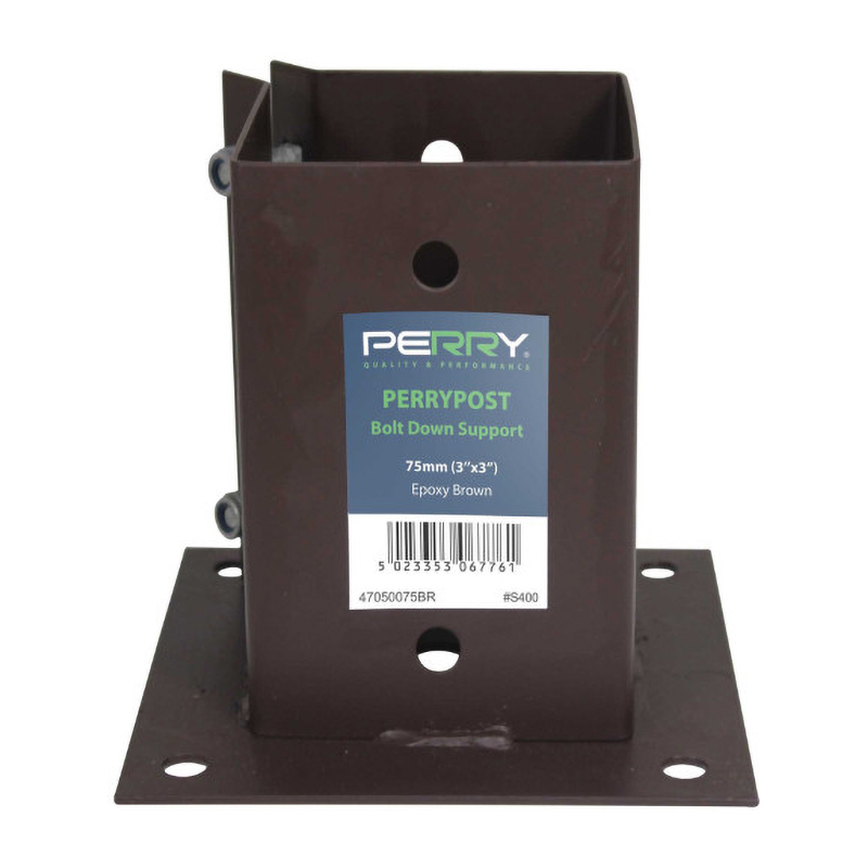 Perry Bolt Down Fence Post Support – Brown (Bolt Grip for 75mm x 75mm Posts)