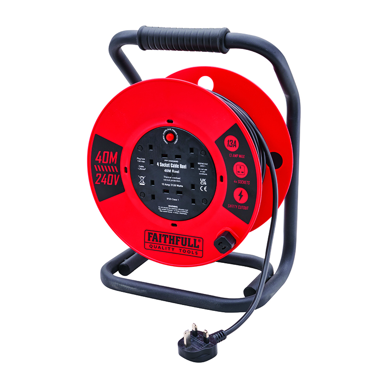Faithfull Open Drum Cable Reel Extension Lead 240V 13A 4-Socket (40m)