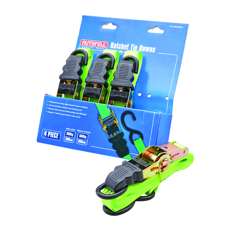 Faithfull Ratchet Tie-Down Straps with S-Hooks 5m x 25mm (4 Piece)