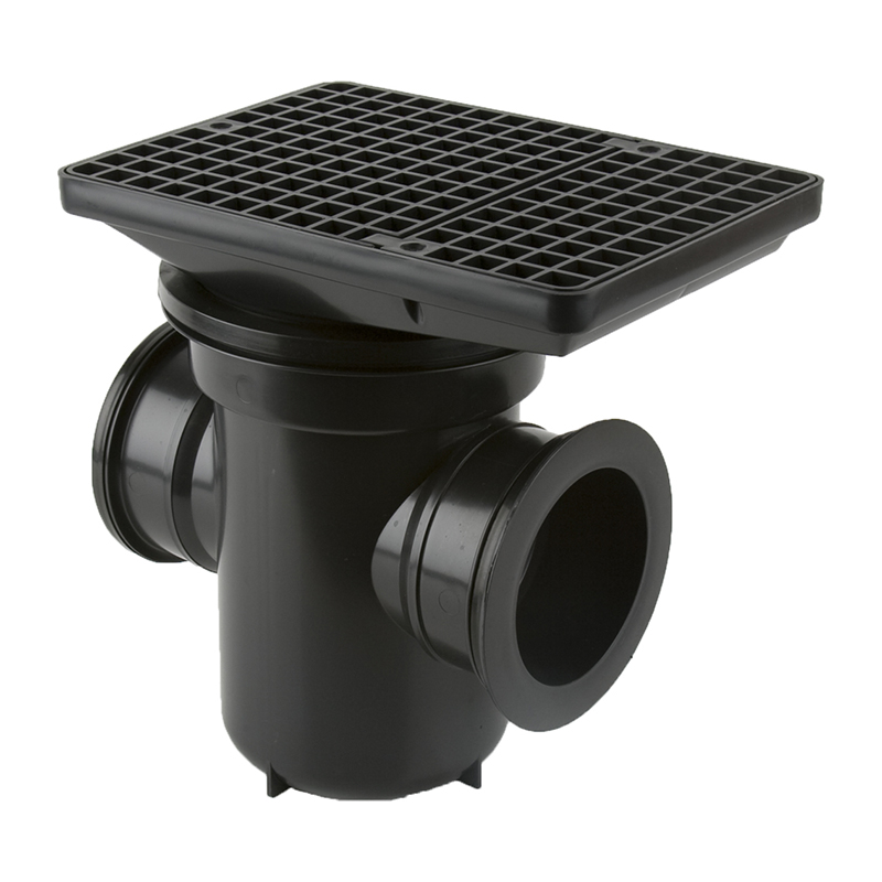 Brett Martin Back Inlet Roddable Bottle Gully 110mm Outlet 90&deg; – Black (Rectangular Grid)